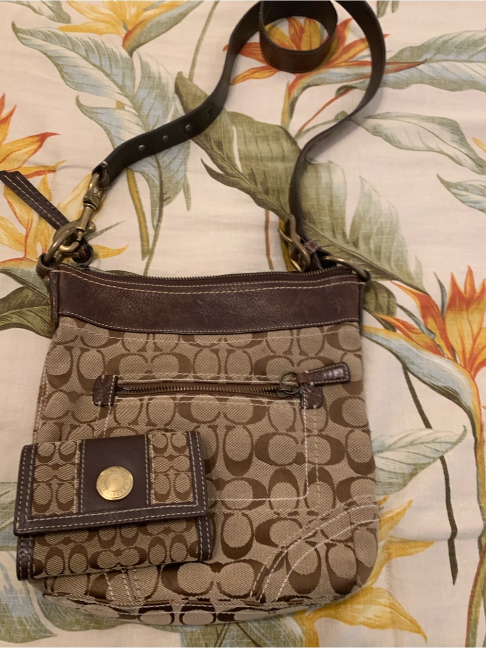 Coach Beige Signature Canvas Crossbody with Brown Leather Trim